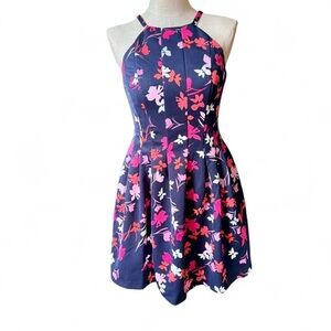 Vince Camuto Navy Blue Floral Pleated Fit & Flare Dress